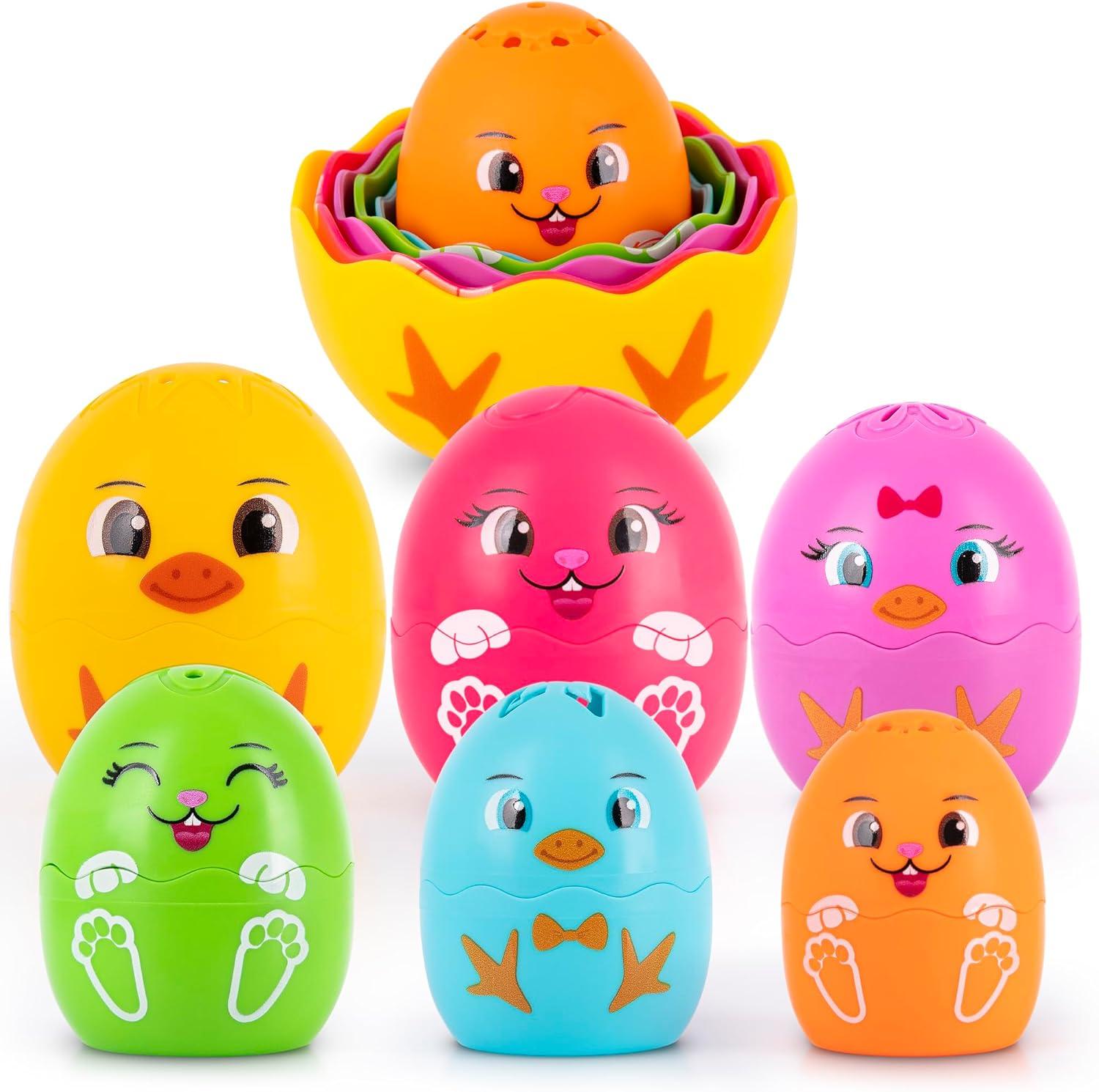 imageArtCreativity Stacking Egg Cup Bath Toy Set of 9 Colorful Baby Nesting Doll Bath Toys for Toddlers Ages 13 35 Stacking Bunny ampamp Chick Nesting Egg Toys for Kids Early Learning Bathtime Fun