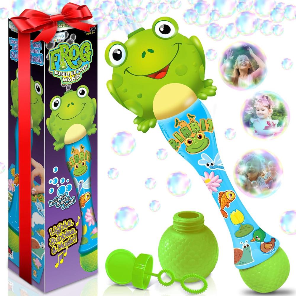 imageArtCreativity Frog Bubble Wand  Bubble Toy with Bubbles Refill Solution Stickers Music ampamp Lights  Kids Summer Outdoor Activity  Birthday Party Favors  Bubble Blower Machine
