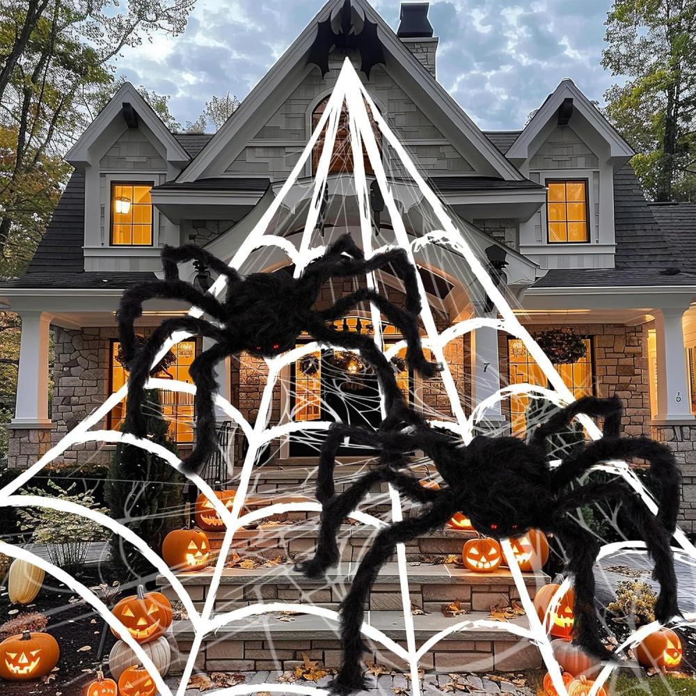 imageArtCreativity Giant Spider Halloween Decorations Includes Two 24quot Spiders and a 164 Spider Web Outdoor Spider Web Decoration with 2 Giant Spiders Outdoor Halloween Decorations for Haunted House