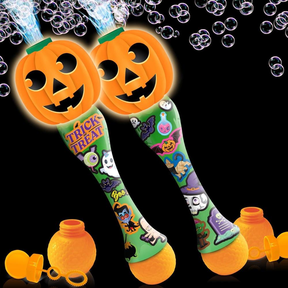 imageArtCreativity Halloween Bubble Wand for Kids 2 Pack 14quot Light Up Pumpkin Bubble Wand with LED ampamp Halloween Music Halloween Boo Basket Stuffers for Kids Halloween Toys for ToddlersPack of 2