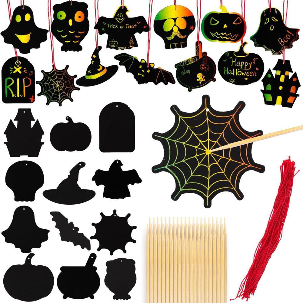 imageArtCreativity Halloween Crafts Bulk  Scratch Art for Kids 60 Sets with 60 Designs 60 Sticks ampamp Red Strings  Magic Colorful Scratch Art Party Favors DIY Activity for Kids Classroom Decoration