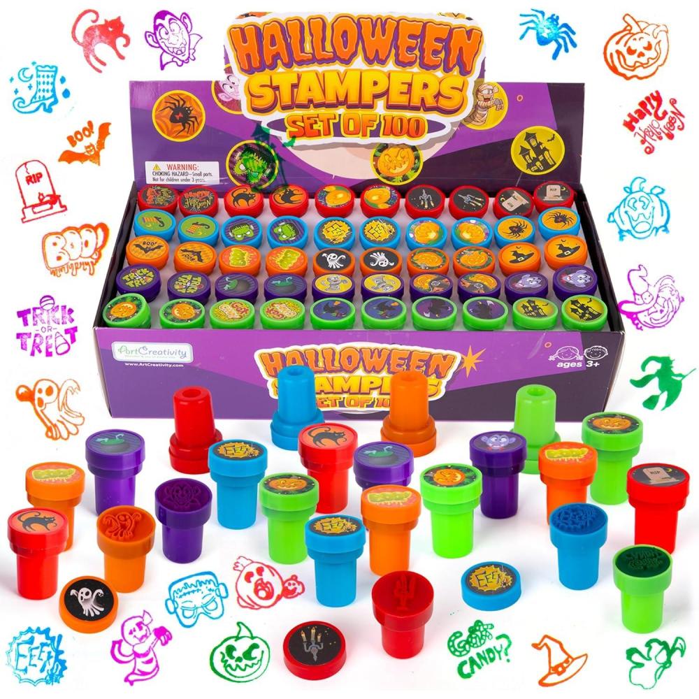 imageArtCreativity Halloween Stamps for Kids Pack of 100 Assorted PreInked Spooky Stampers Best for Party Favors Goodie Bag Fillers Trick or Treat Toy Supplies Birthday Gift Bags Pumpkin Stamp