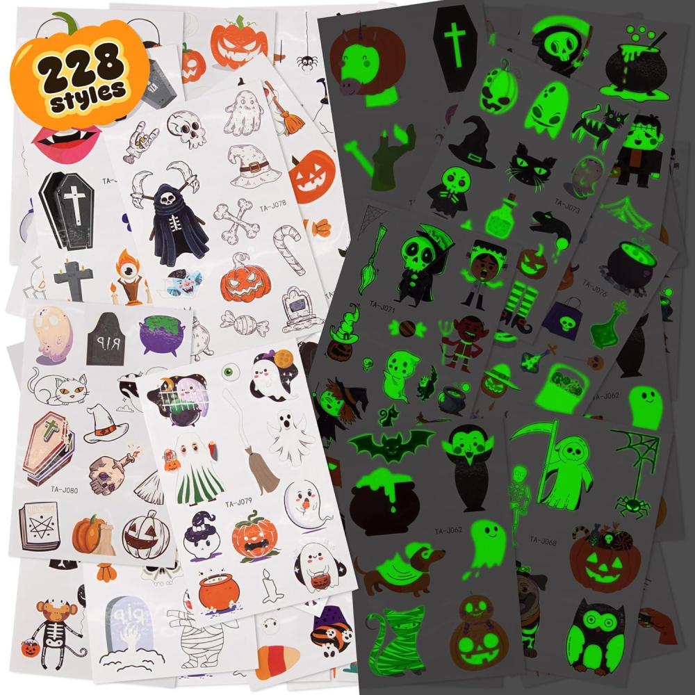 imageArtCreativity Individual Halloween Temporary Tattoos for Kids  Pack of 1602 Inch NonToxic Tattoos in 8 Spooky Designs  Trick or Treat Halloween Gifts Party Favors Supplies and Goodie Bag FillersGlow in the dark  228 Tattoos