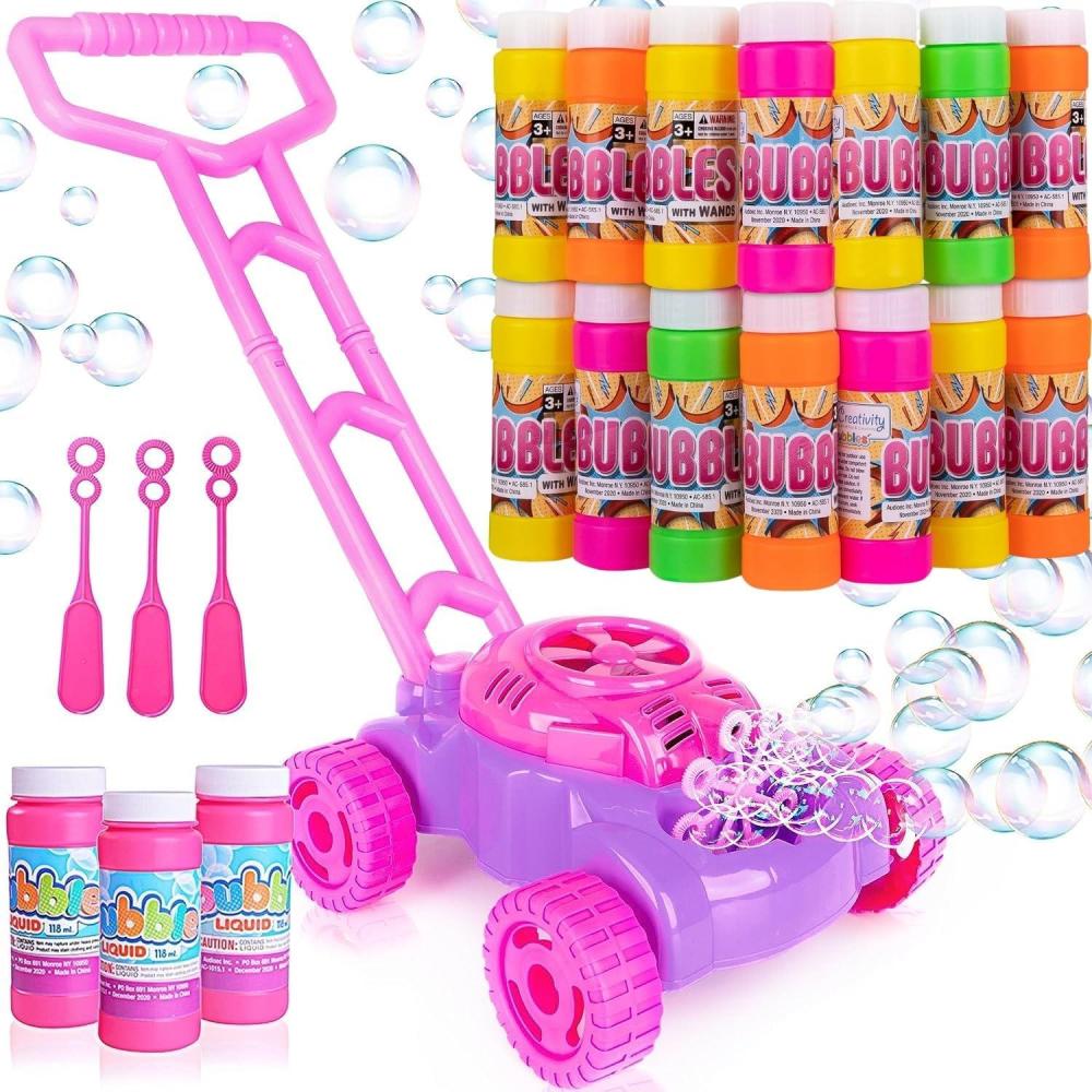 imageArtCreativity Pink and Purple Bubble Lawn Mower with 24 Bubble Solution Bottles with Wands Bubble Machine Outdoor Toys for Kids Ages 3 Summer Toys for Girls Birthday Party Favors Gifts for Kids