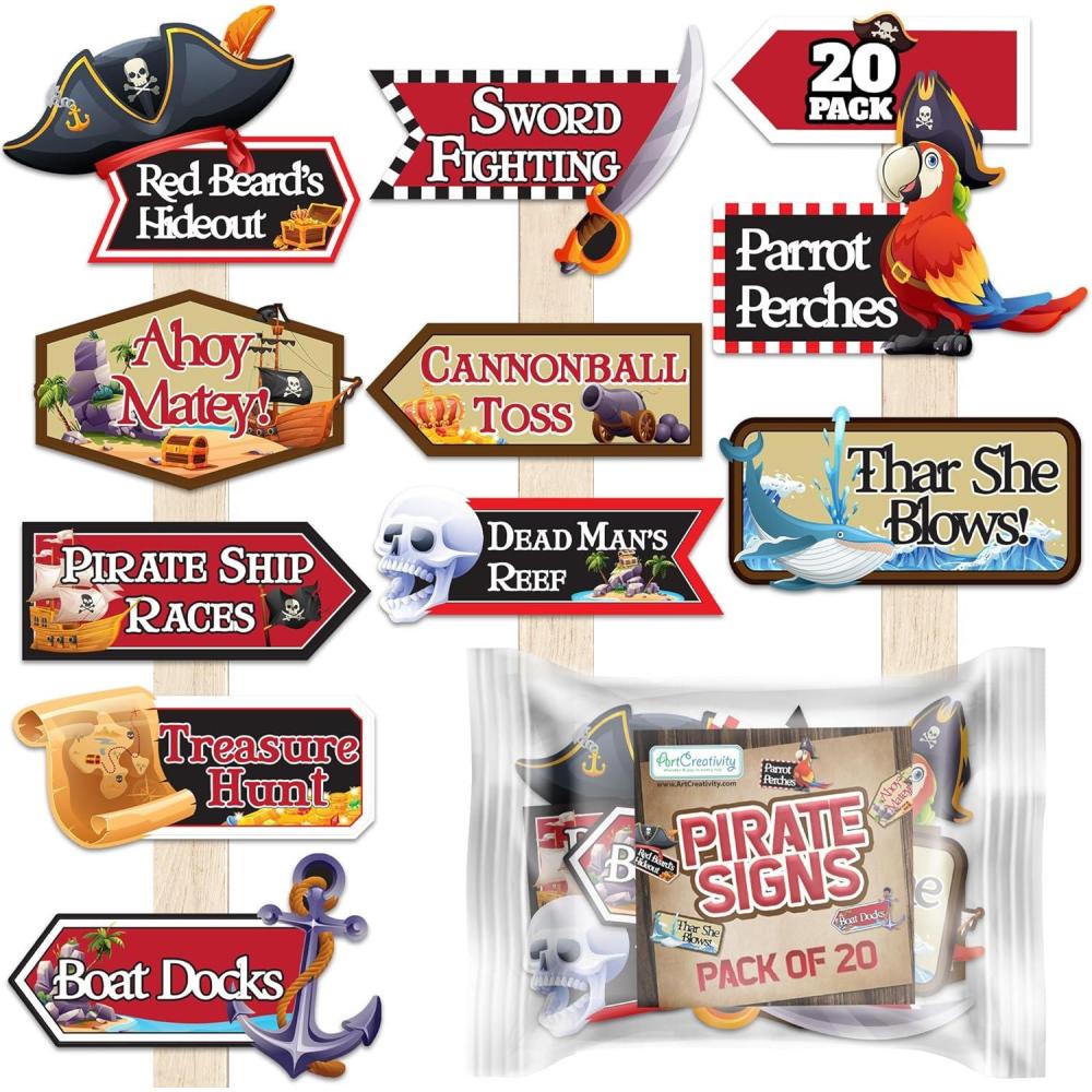 imageArtCreativity Pirate Signs  20 Pack  Pirate Theme Party Decor Supplies  Funny Pirate Skull Decorations ampamp Directional Signs  Pirate Event Photo Booth Props for Birthday Celebrations Parties