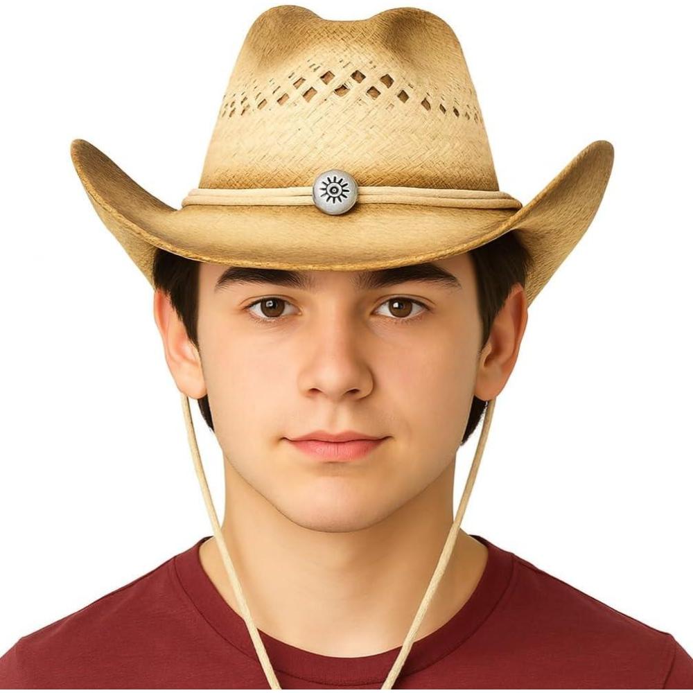 imageArtCreativity Straw Cowboy Hat for Teens 1PC Cowboy Costume Hat with Chinstrap and Sunburst Pendant Cow Boy Costume Prop for Kids Cowgirl Dress Up Parties and Country Concerts