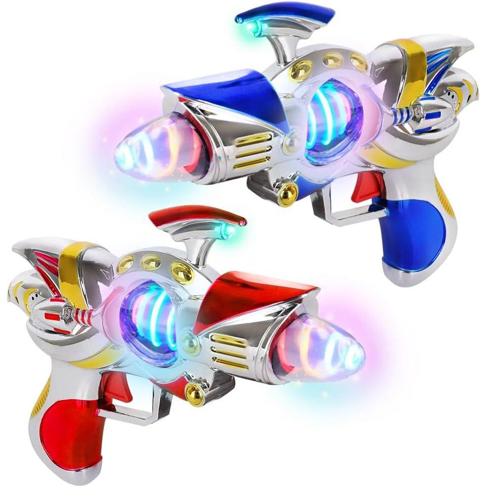 imageArtCreativity Super Spinning Space Toy Gun 2 Pack Red ampamp Blue Light Up Toy Guns with Flashing Lights ampamp Sound Effects Space Blaster Cosplay Ray Guns Prop Toy Gun for Toddlers Batteries Included