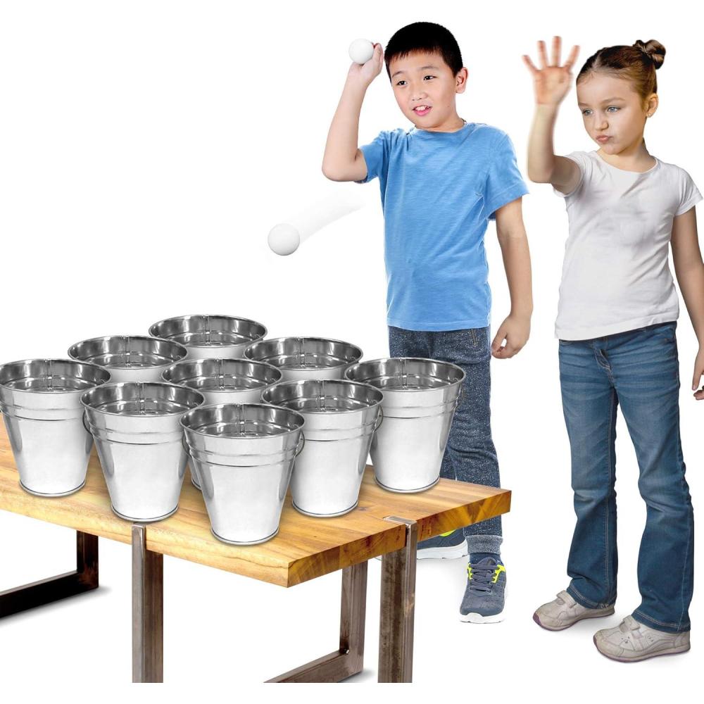 imageGamie Bucket Ping Pong Ball Game Includes 9 Metal Buckets 12 Balls and 1 Number Sticker Sheet  Fun Party Activity for Kids and Adults Carnival Games for Kids