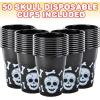 ArtCreativity 50 set Halloween Skull Cups – 16oz Black Plastic Cups for Spooky Drinks & Party Decor – Disposable Drinkware for Trick-or-Treat, Pirate Themes, Kids Parties & Haunted Events(50 Count (Pack of 1))