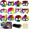 ArtCreativity 60 Set Halloween Scratch Masks for Kids – DIY Craft Masks with Scratch Sticks & Elastic Strings – Fun Arts and Crafts Party Favors, Classroom Halloween Activity Kits for Ages 4-12