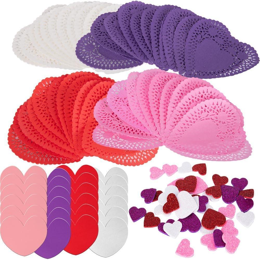 imageArtCreativity 126 Pcs Valentines Day Heart Doilies Card Crafts for Kids  Valentine Day Crafts for Classroom Parties  Valentines Craft Supplies Kits with Heart Doilies and Glitter Foam Stickers