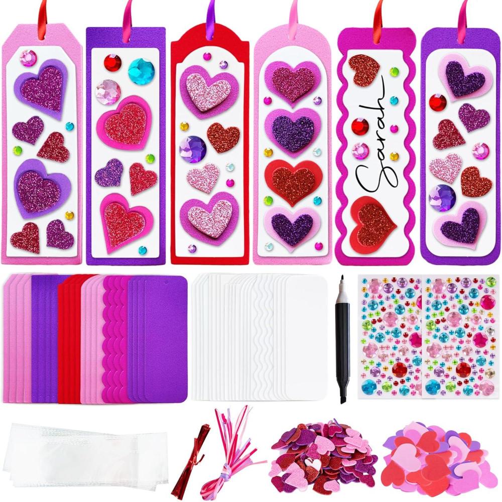 imageArtCreativity 314 PCS Valentines Day Bookmark Craft Kit  Makes 24 Bookmarks  Valentine Crafts for Kids Classroom  Valentines Bookmark Craft Kit with Hearts Glitter Stickers Rhinestones Ribbons