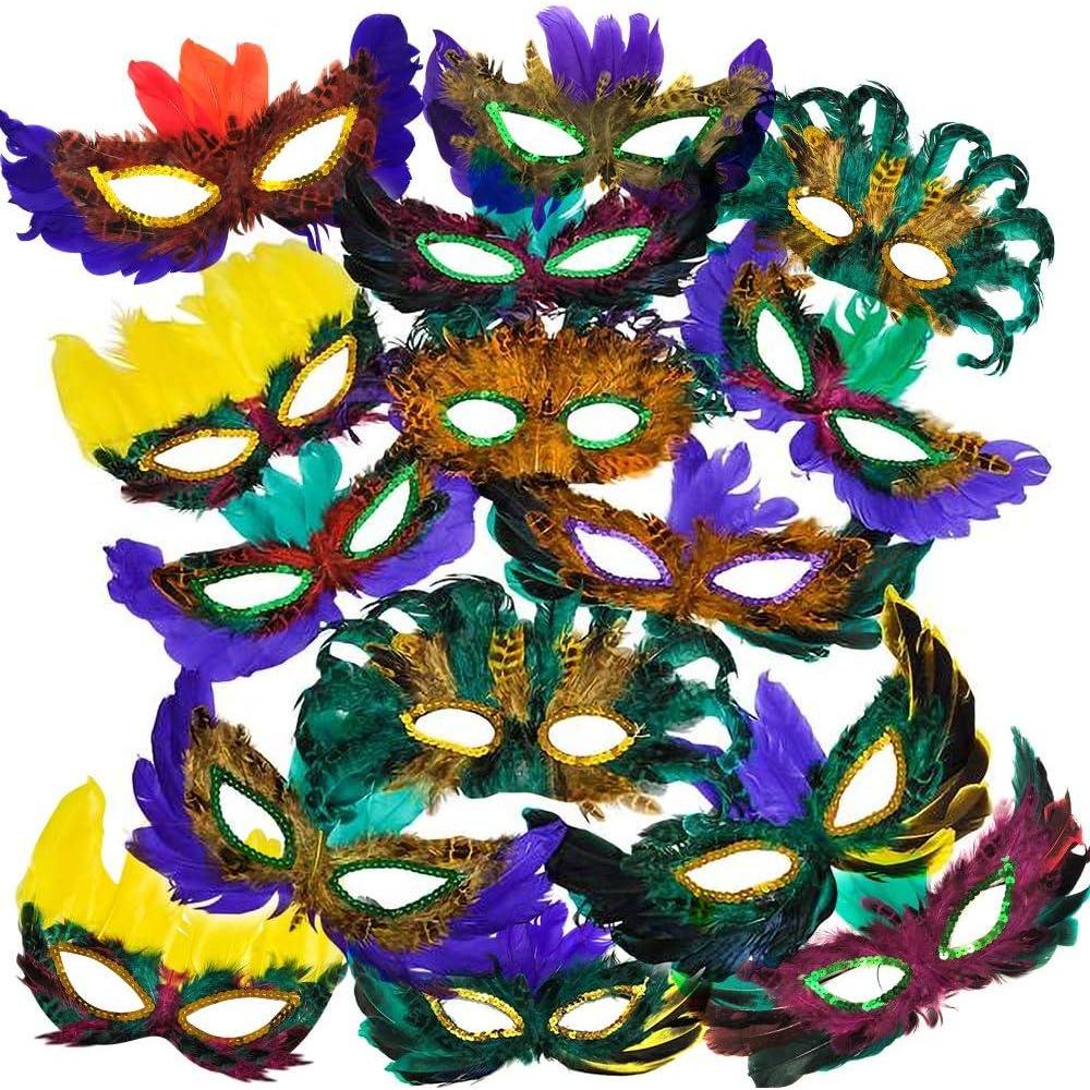 imageArtCreativity Assorted Feather Mardi Gras Masks Pack of 25 Feathered Masquerade Mardi Gras Party Favors Supplies and Decorations Carnival Masquerade Costume Party Accessories for Kids and Adults