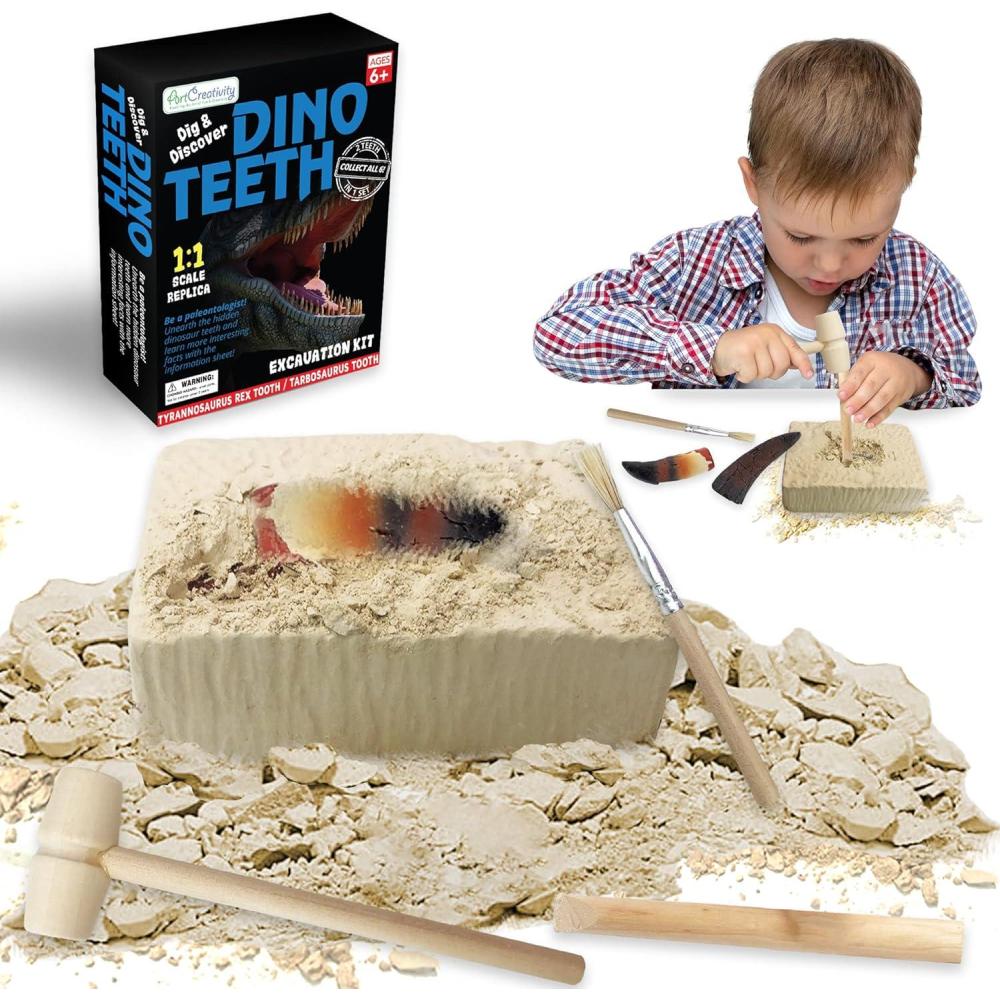 imageArtCreativity Dino Teeth Dig and Discover Excavation Kit for Kids Includes Triceratops and Spinosaurus Toy Fossil Teeth with 2 Digging Tools Interactive Dinosaur Gifts for Boys and GirlsTrex and Tarbosaurus 2 Teeth