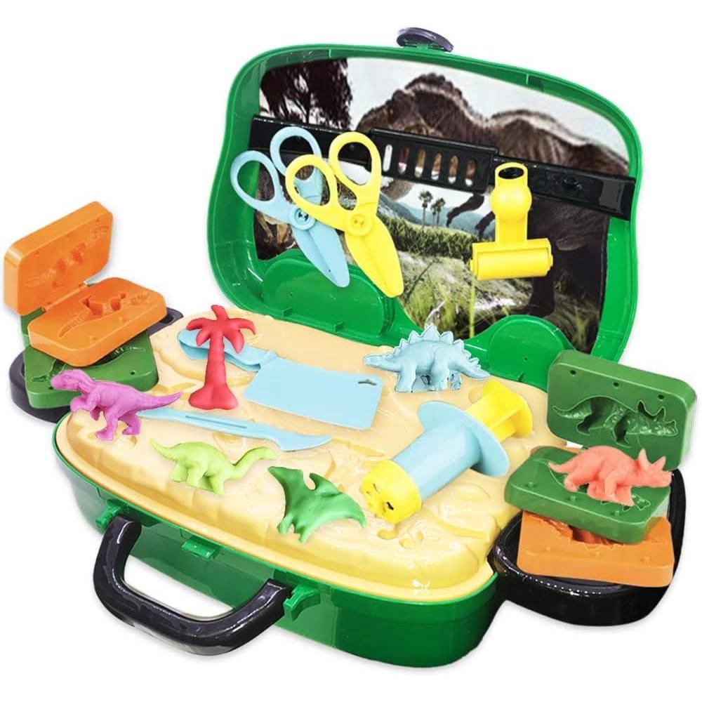 imageArtCreativity Dinosaur Theme Modeling Clay Playset on Wheels Play Dough Activity Kit with 10 Dinosaur Molding Accessories 8 Dough Colors ampamp Travel Case Safe ampamp NonToxic for Kids Great Gift Idea