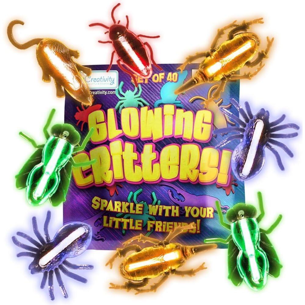 imageArtCreativity Glow in The Dark Bugs and Critters  40 PC Fake Bug Set  Includes 10 Fake Critters 20 Glowsticks and 10 Lanyard Strings  Glowing Toy Insects  Glow in The Dark Toys for Party Favors
