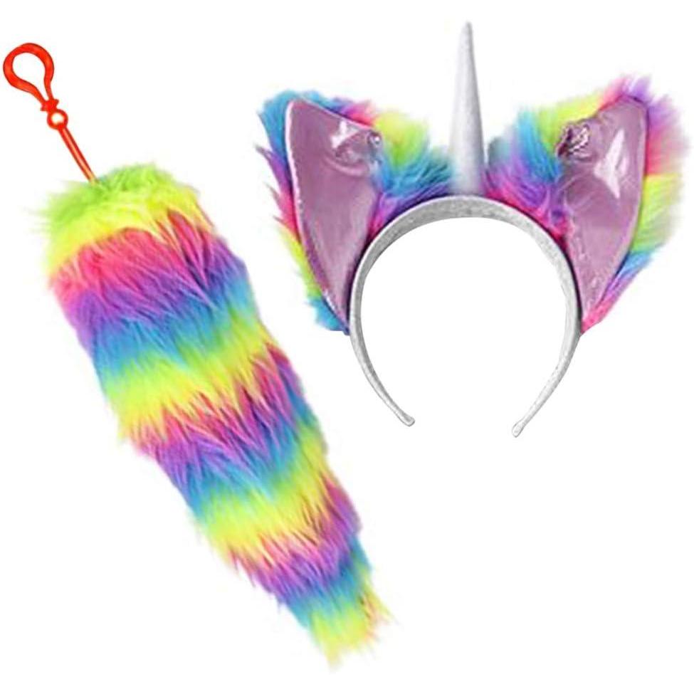 imageArtCreativity Unicorn Headband ampamp ClipOn Accessories Set for Kids ampamp Adults Includes Furry Ear Headband and Rainbow Tail Cute Costume Gifts