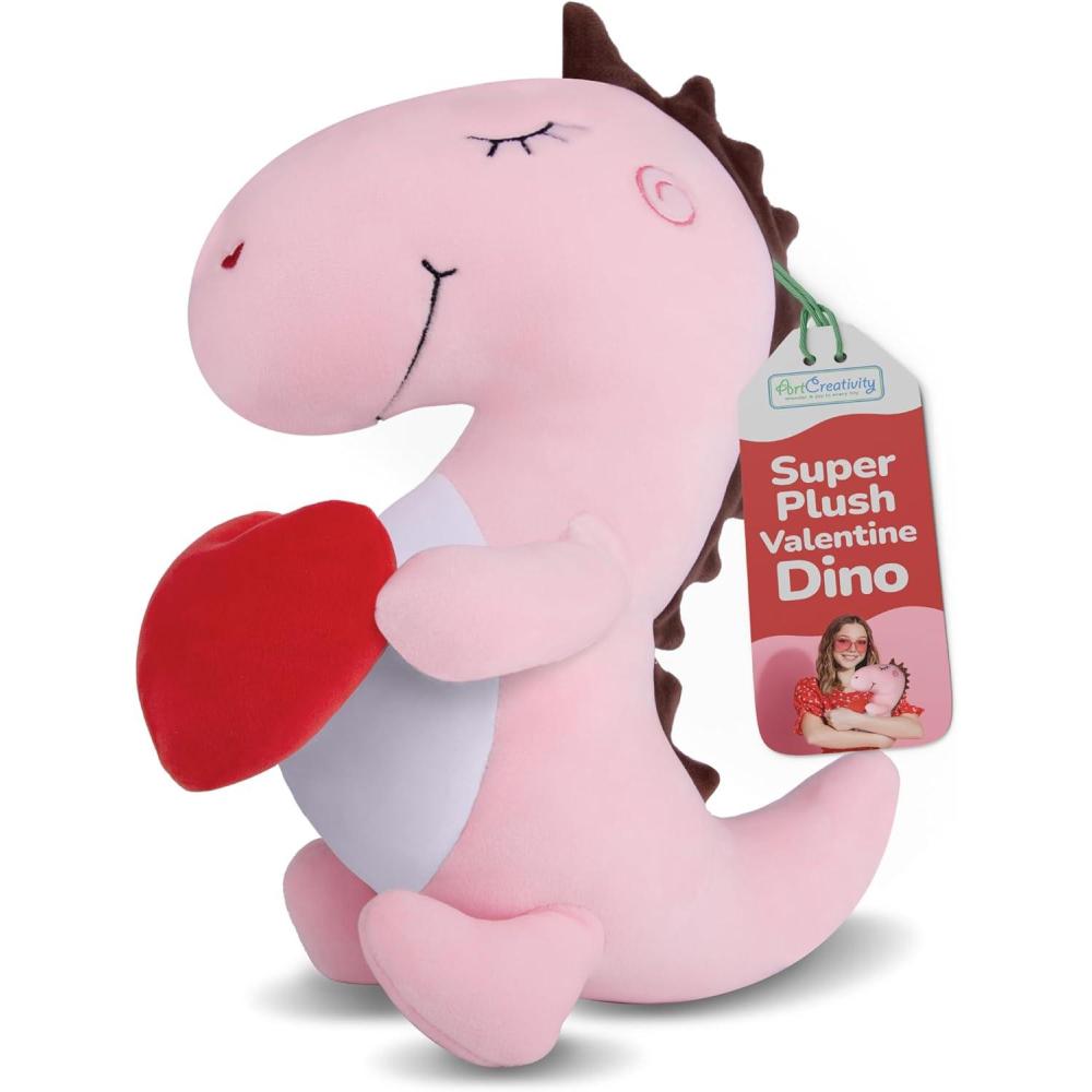 imageArtCreativity Valentines Day Plush Dino Stuffed Animal  12 Inches Tall  Light Pink Cute Dinosaurs Plush with Red Heart  Pink Dinosaur Plushie  Valentines Day Gifts for Her
