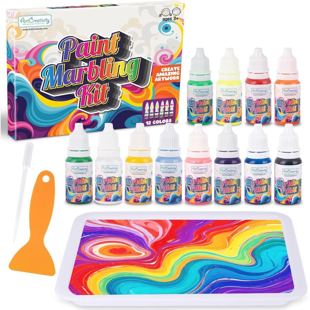 imageArtCreativity Water Marbling Paint Art Kit for Kids  Complete Set with 12 Paint Colors 10 Bags Thickening Powder 10 A5 Papers and More  Marble Art Painting Kit  Crafts for Kids Ages 3 and Up