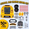 Car Engine Toy for Kids – Play School Bus Motor Mechanic Set for Kids – Complete Interactive Truck Engine with Tools, Nuts, Bolts – Take Apart Toy with Rotating Jack, Working Headlights, Car Alarm