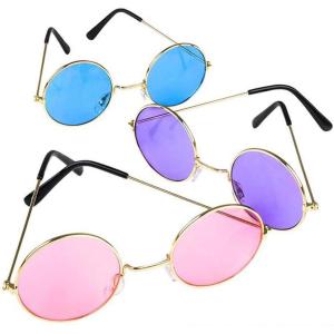 ArtCreativity Round Colored Glasses – Pack of 3 – Hippy Style Circle Shades with Gold Frame – Vintage Glasses for 60s Hippie Costume, Disco Party, for Boys and Girls – Blue, Pink, and Purple