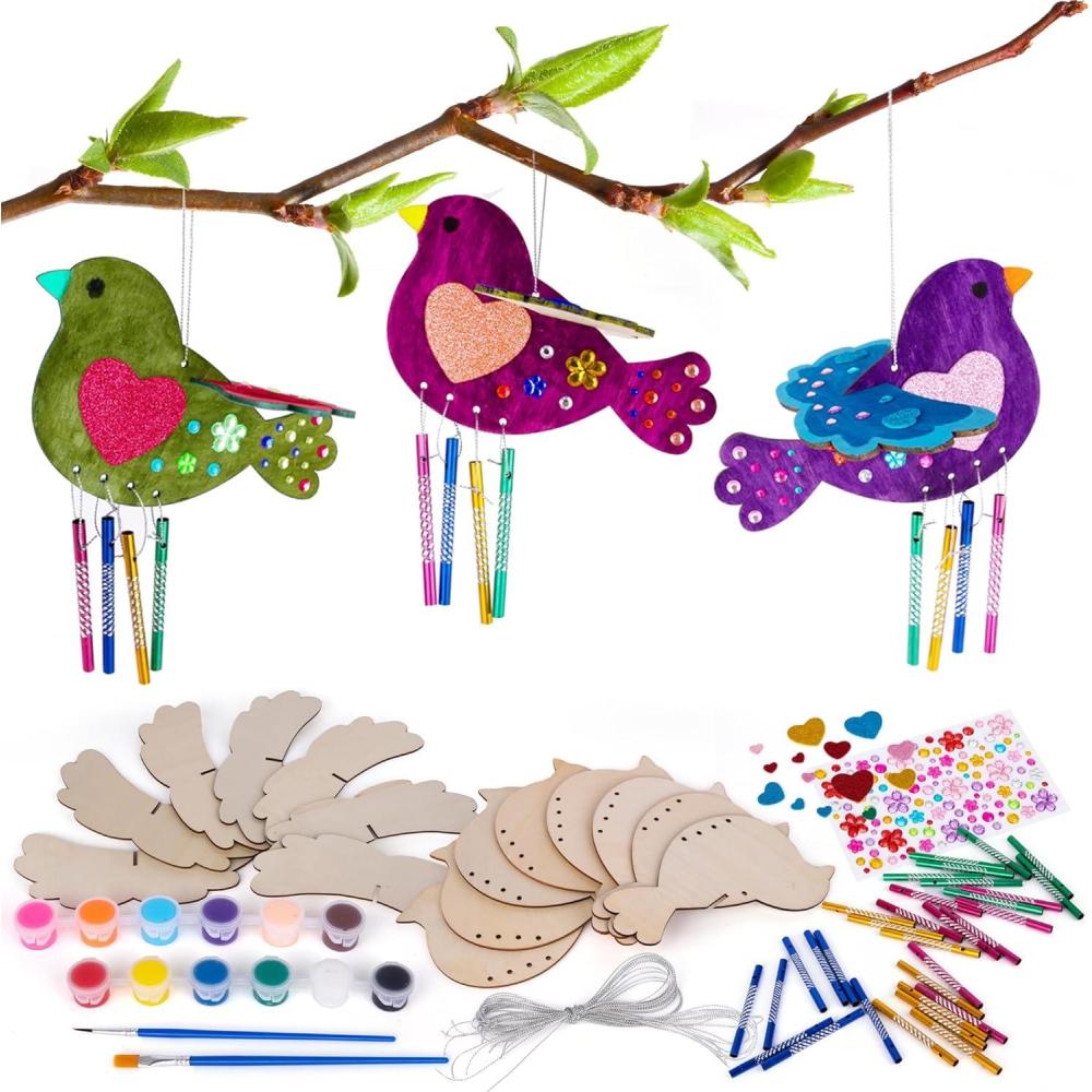 imageArtCreativity DIY Wind Chime Kit for Kids  8 Pack  Wooden Wind Chime Set with Paint Kit Rhinestone Flower Stickers Glitter Heart Foam Stickers and More  Summer Arts and Crafts for Kids 3 and Up