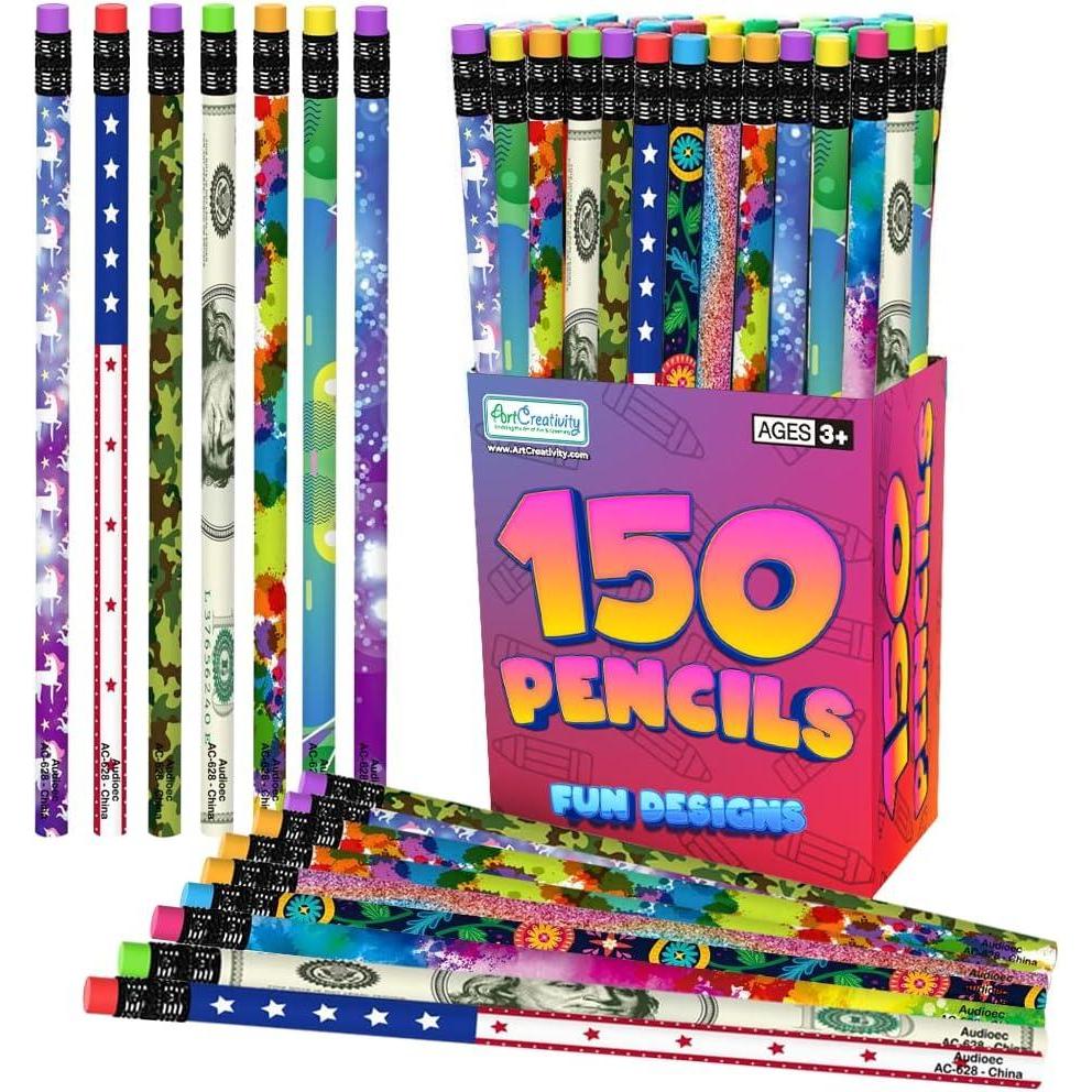 imageArtCreativity 150 PC Pencil Assortment for Kids Fun Assorted Number 2 Pencils Bulk Wooden Writing Pencils with Erasers Teacher Supplies for Classroom Student Reward Stationery Party Favors150