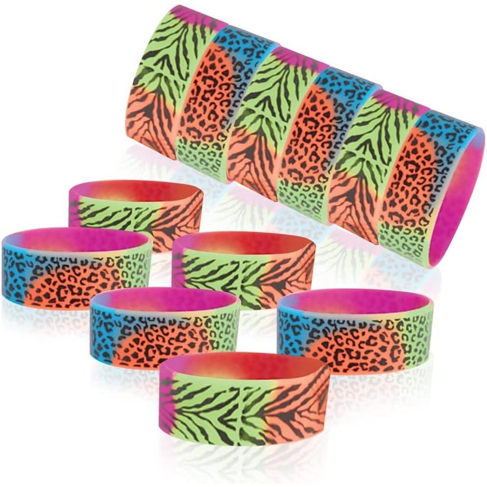 imageArtCreativity Rainbow Animal Print Rubber Bracelets Set of 12 Colorful Stretchy Rubber Wristbands for Boys and Girls Fun Birthday Party Favors for Children Goodie Bag Fillers Carnival Prize