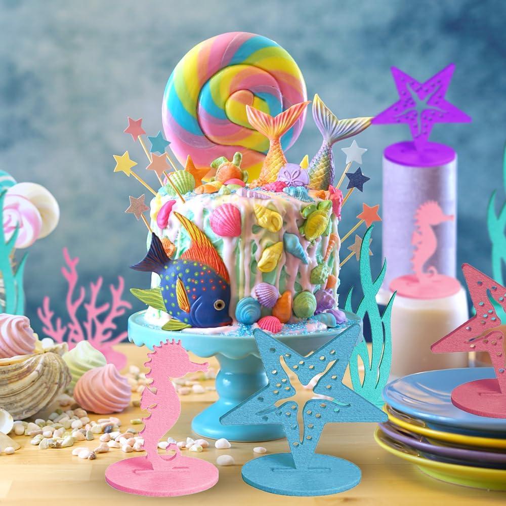 image24 PCS Mermaid Centerpieces for Tables Felt Mermaid Table Decorations Centerpieces for Under the Sea Mermaid and Ocean Themed Party Decor Starfish Coral Seahorse and Seagrass Designs