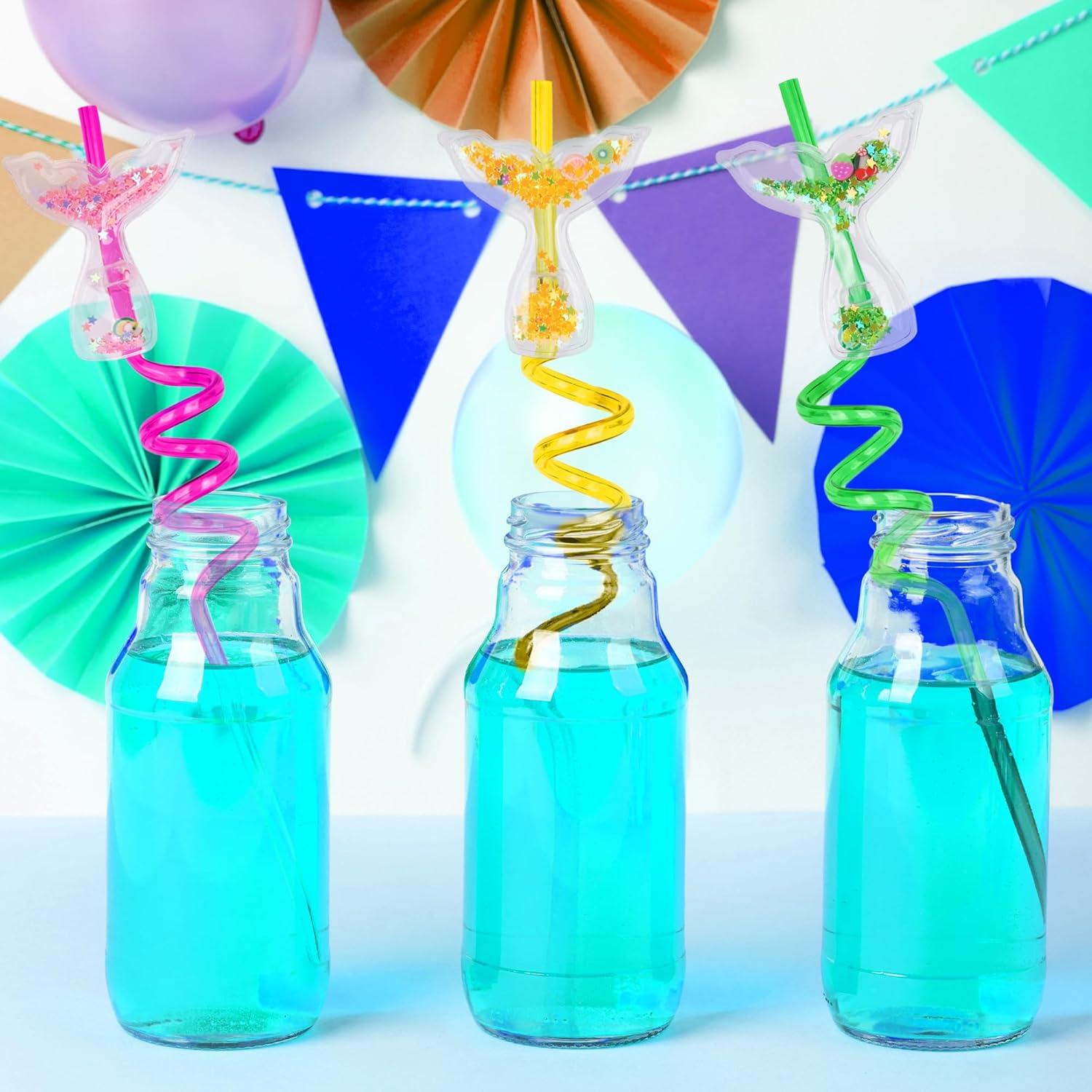 imageArtCreativity 24 PCS Mermaid Straw Party Favors Mermaid Tail Drinking Straws with Fruit ampamp Star Confetti Mermaid Party Favor Supplies with Cleaning Brushes for Birthdays Sea Themed Party Favors