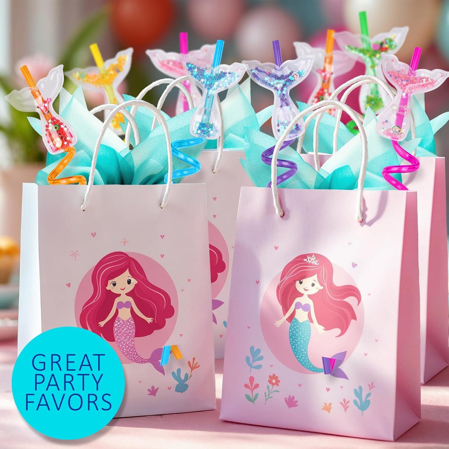 imageArtCreativity 24 PCS Mermaid Straw Party Favors Mermaid Tail Drinking Straws with Fruit ampamp Star Confetti Mermaid Party Favor Supplies with Cleaning Brushes for Birthdays Sea Themed Party Favors