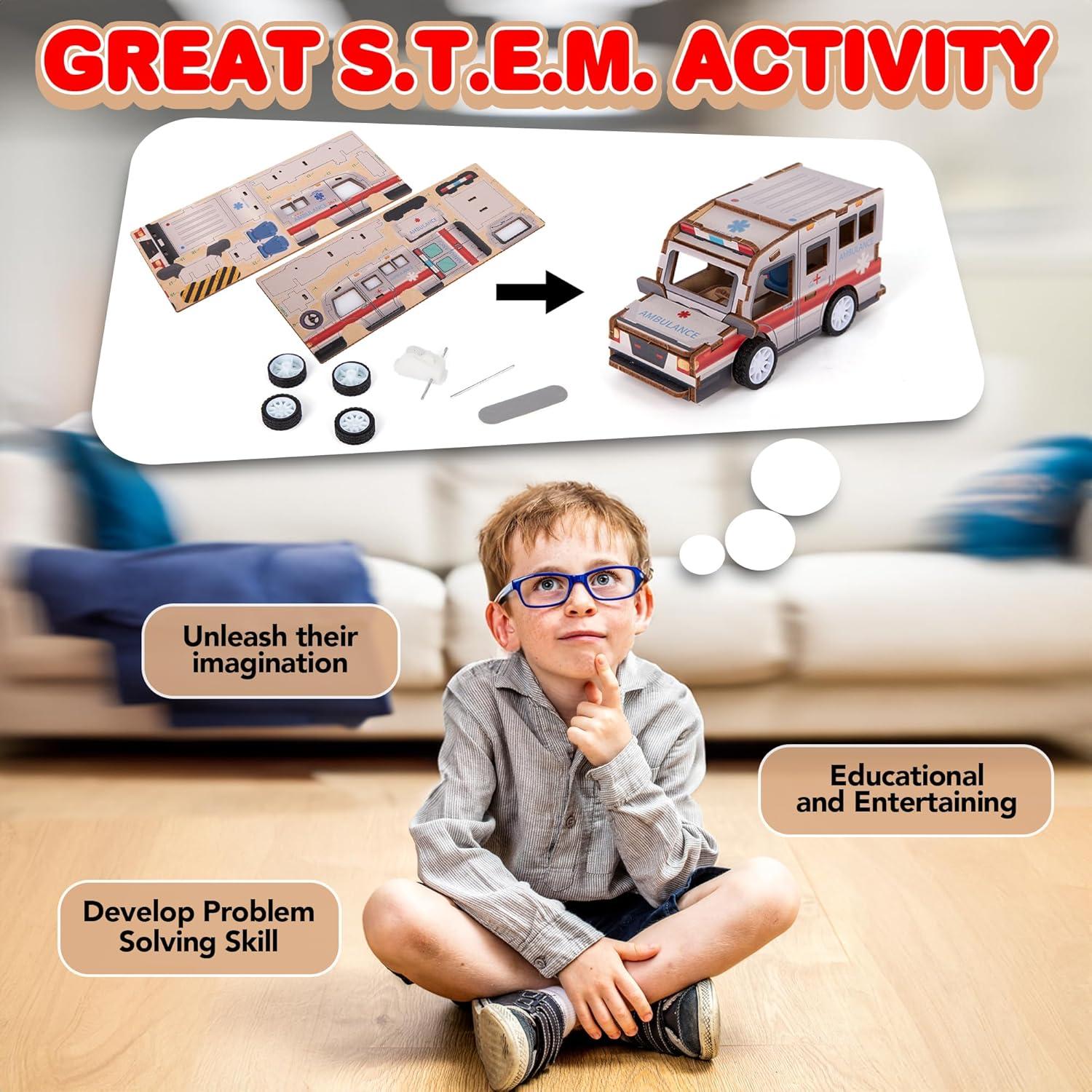 imageArtCreativity 3D Puzzle Car Toy Ambulance Wooden Car Building Kit for Kids STEM Wood Building Kit with Pullback Mechanism Wooden Puzzle Model Car Kit STEM Projects for TeensAmbulance