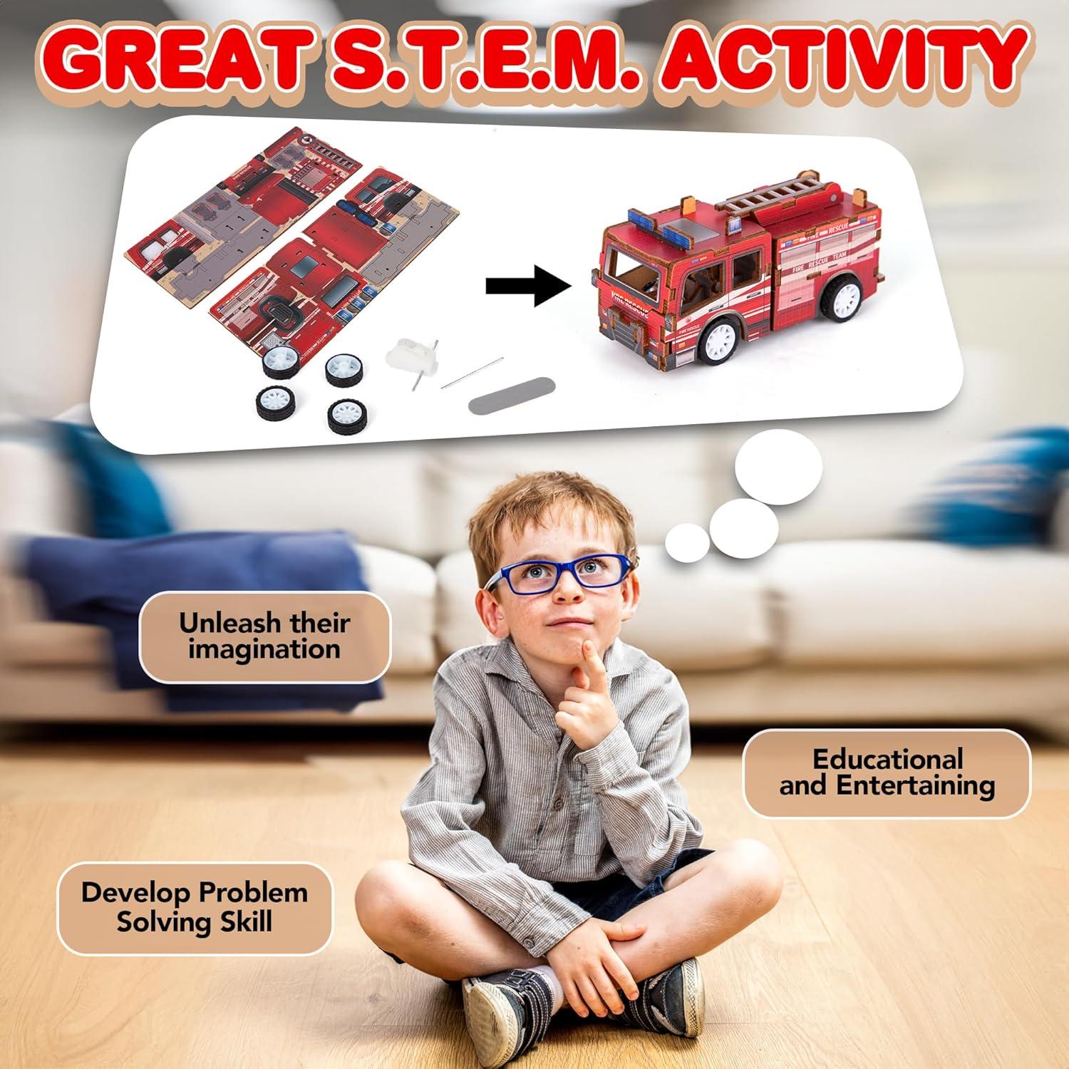 imageArtCreativity 3D Puzzle Car Toy Ambulance Wooden Car Building Kit for Kids STEM Wood Building Kit with Pullback Mechanism Wooden Puzzle Model Car Kit STEM Projects for TeensFire Truck
