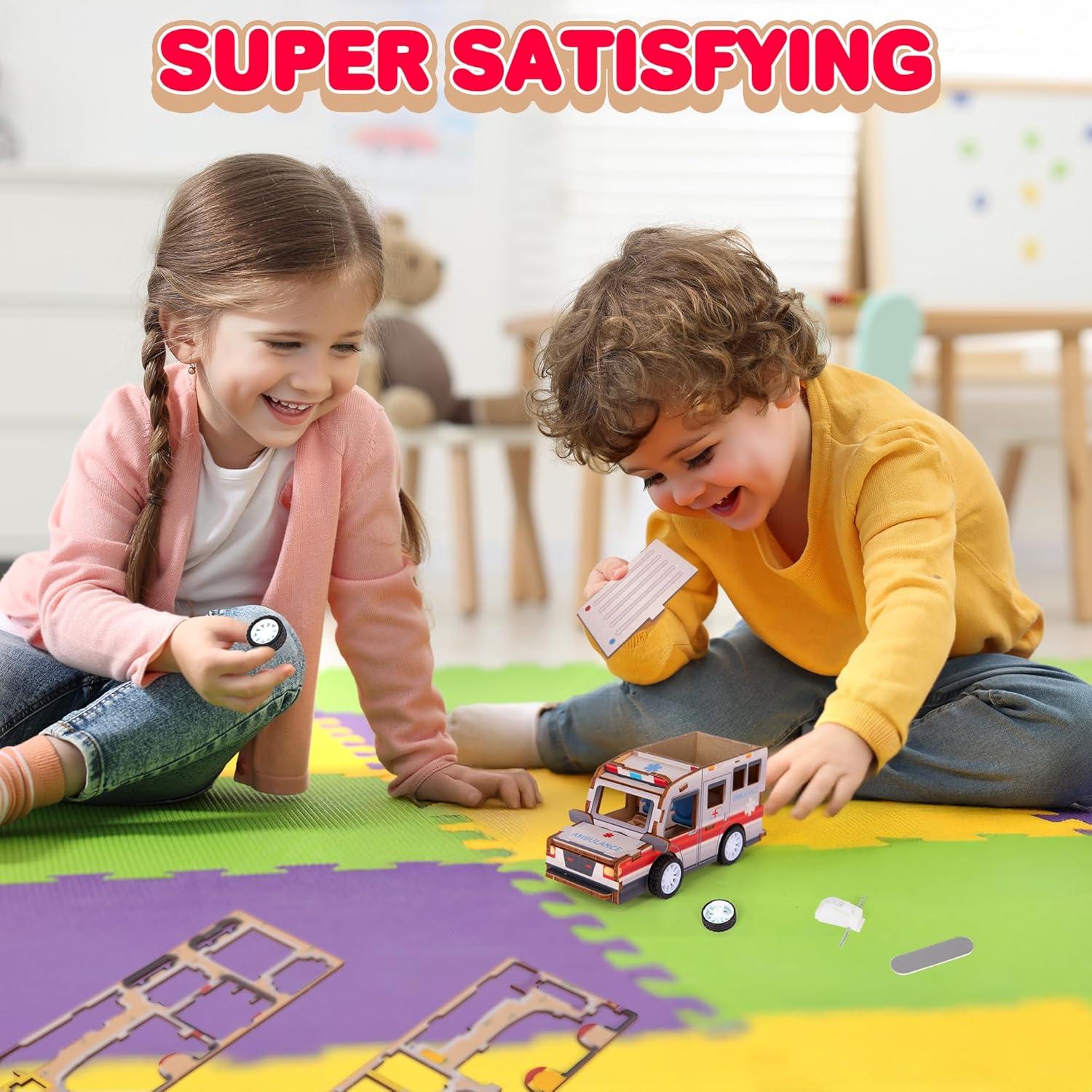 imageArtCreativity 3D Puzzle Car Toy Ambulance Wooden Car Building Kit for Kids STEM Wood Building Kit with Pullback Mechanism Wooden Puzzle Model Car Kit STEM Projects for TeensAmbulance