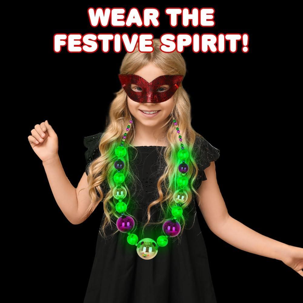 imageArtCreativity Large Light Up Mardi Gras Necklace Mardi Gras Beads in Purple Green and Gold 3 Flashing Modes with Batteries Included Light Up Mardi Gras Accessories for Costume