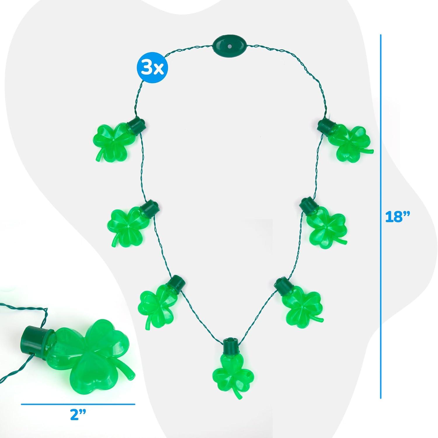 imageArtCreativity St Patricks Day Light Up Shamrock Necklaces Set of 3 St Patricks Day Accessories Green Day Throw Necklace for Mardi Gras Decorations Irish Costume Party Dress Green Party Favors