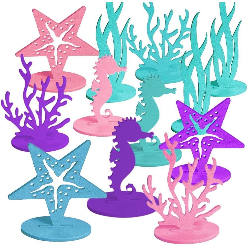 image24 PCS Mermaid Centerpieces for Tables Felt Mermaid Table Decorations Centerpieces for Under the Sea Mermaid and Ocean Themed Party Decor Starfish Coral Seahorse and Seagrass Designs