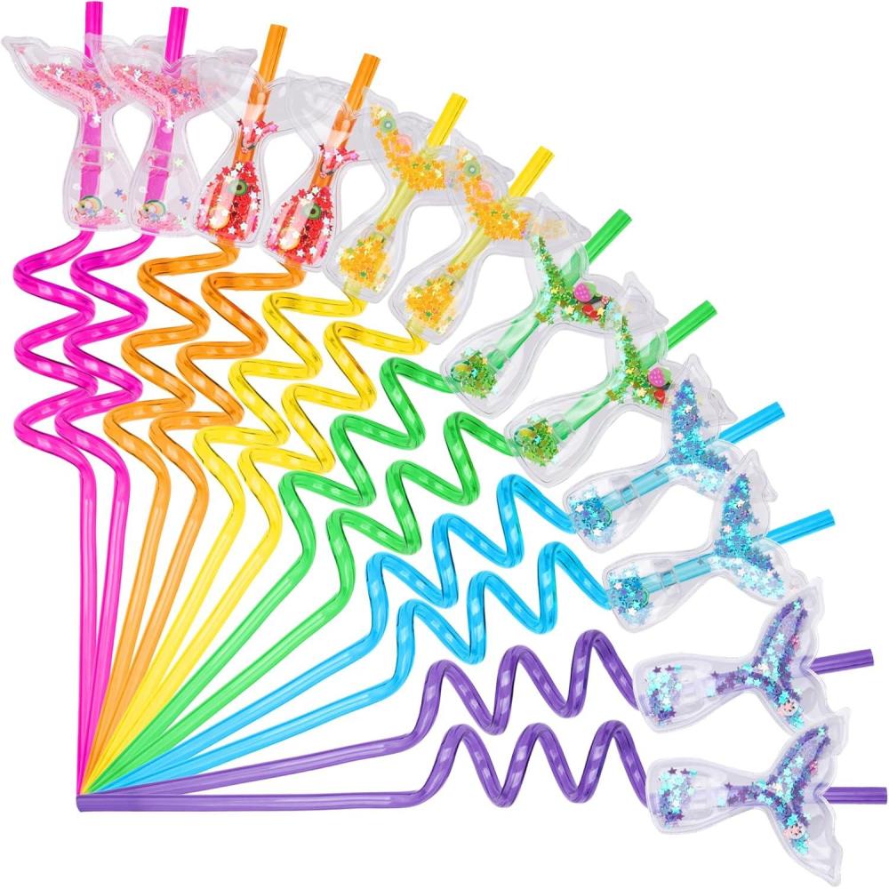 imageArtCreativity 24 PCS Mermaid Straw Party Favors Mermaid Tail Drinking Straws with Fruit ampamp Star Confetti Mermaid Party Favor Supplies with Cleaning Brushes for Birthdays Sea Themed Party Favors
