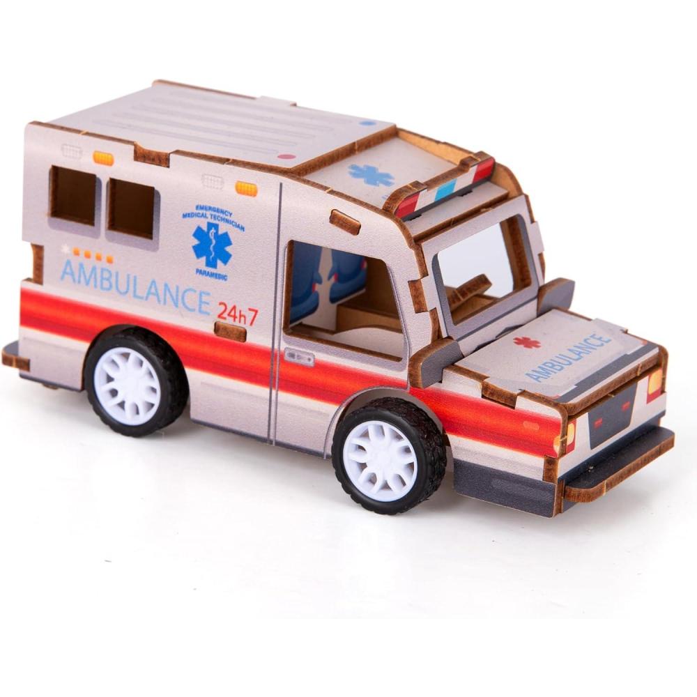 imageArtCreativity 3D Puzzle Car Toy Ambulance Wooden Car Building Kit for Kids STEM Wood Building Kit with Pullback Mechanism Wooden Puzzle Model Car Kit STEM Projects for TeensAmbulance