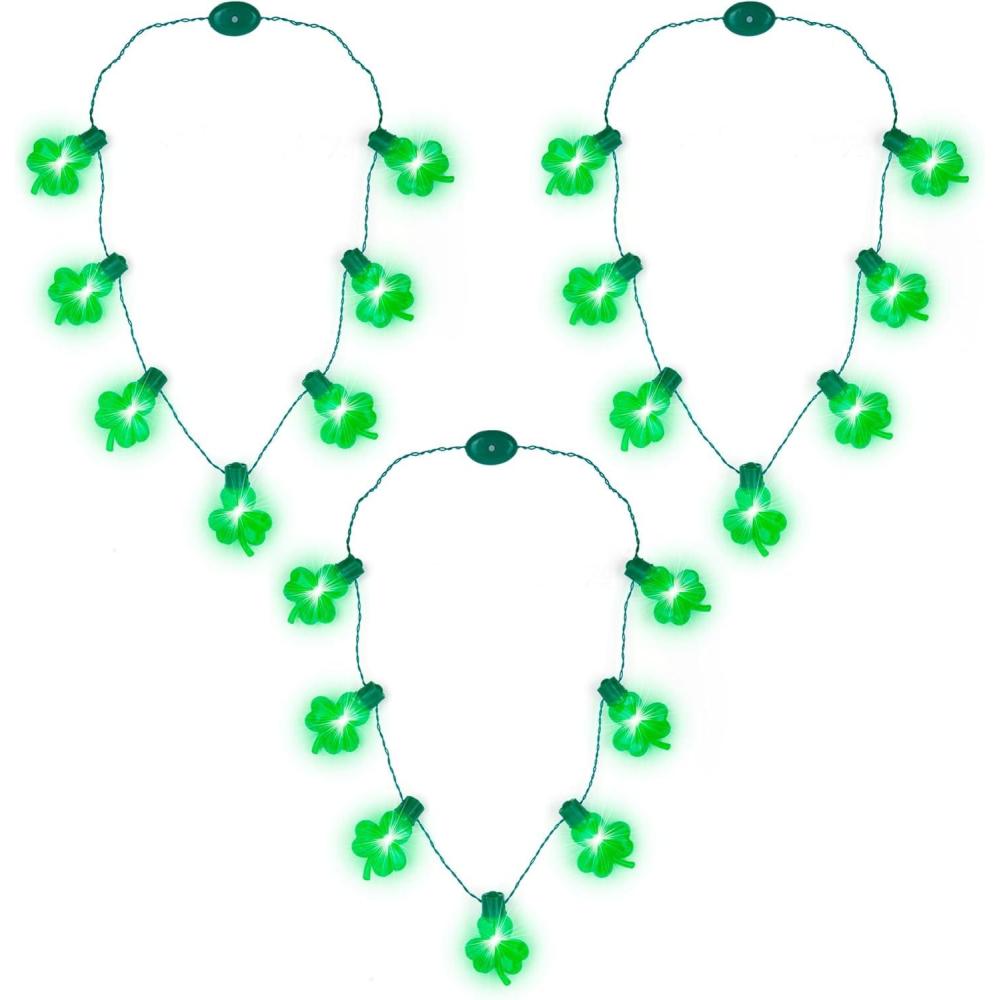 imageArtCreativity St Patricks Day Light Up Shamrock Necklaces Set of 3 St Patricks Day Accessories Green Day Throw Necklace for Mardi Gras Decorations Irish Costume Party Dress Green Party Favors