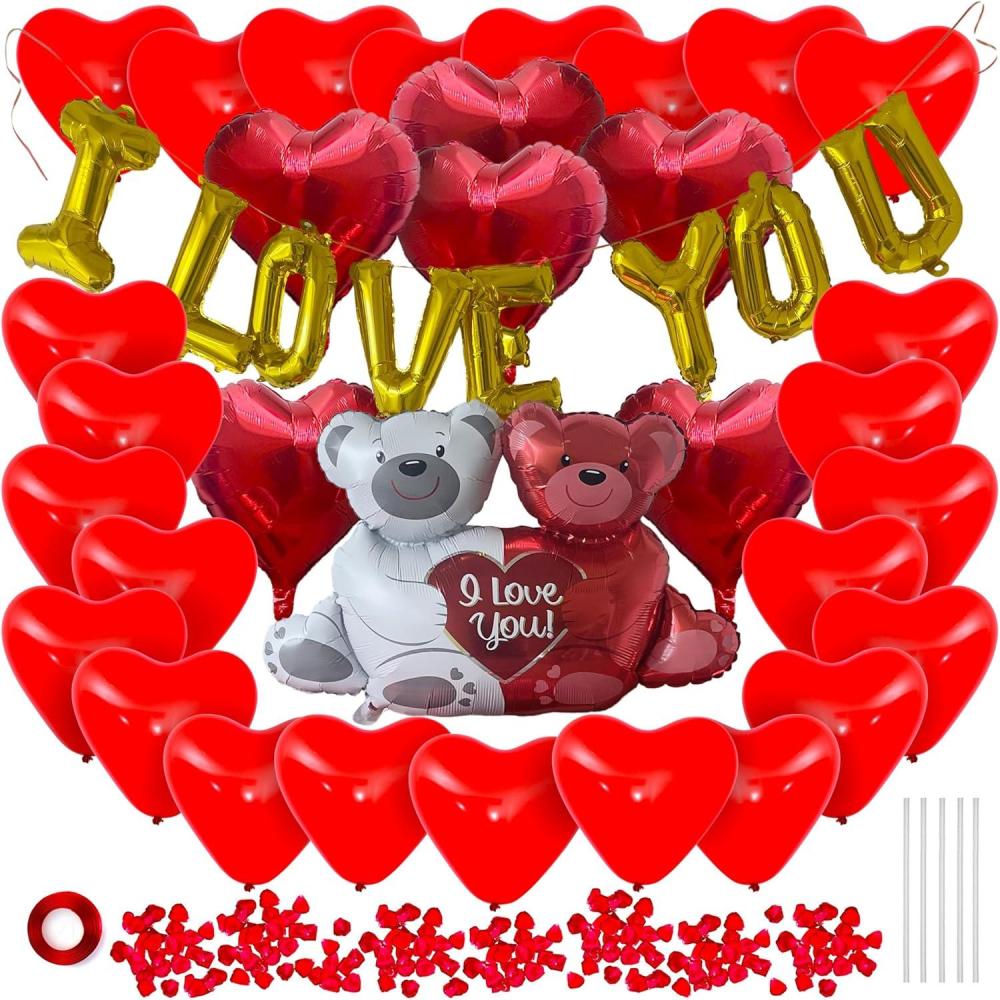 imageArtCreativity Valentines Day Balloons Decorations Valentines Day Kit with Balloons in Teddy Bear I Love You and Heart Shape Designs Artificial Rose Petals Large Valentines Decorations Kit