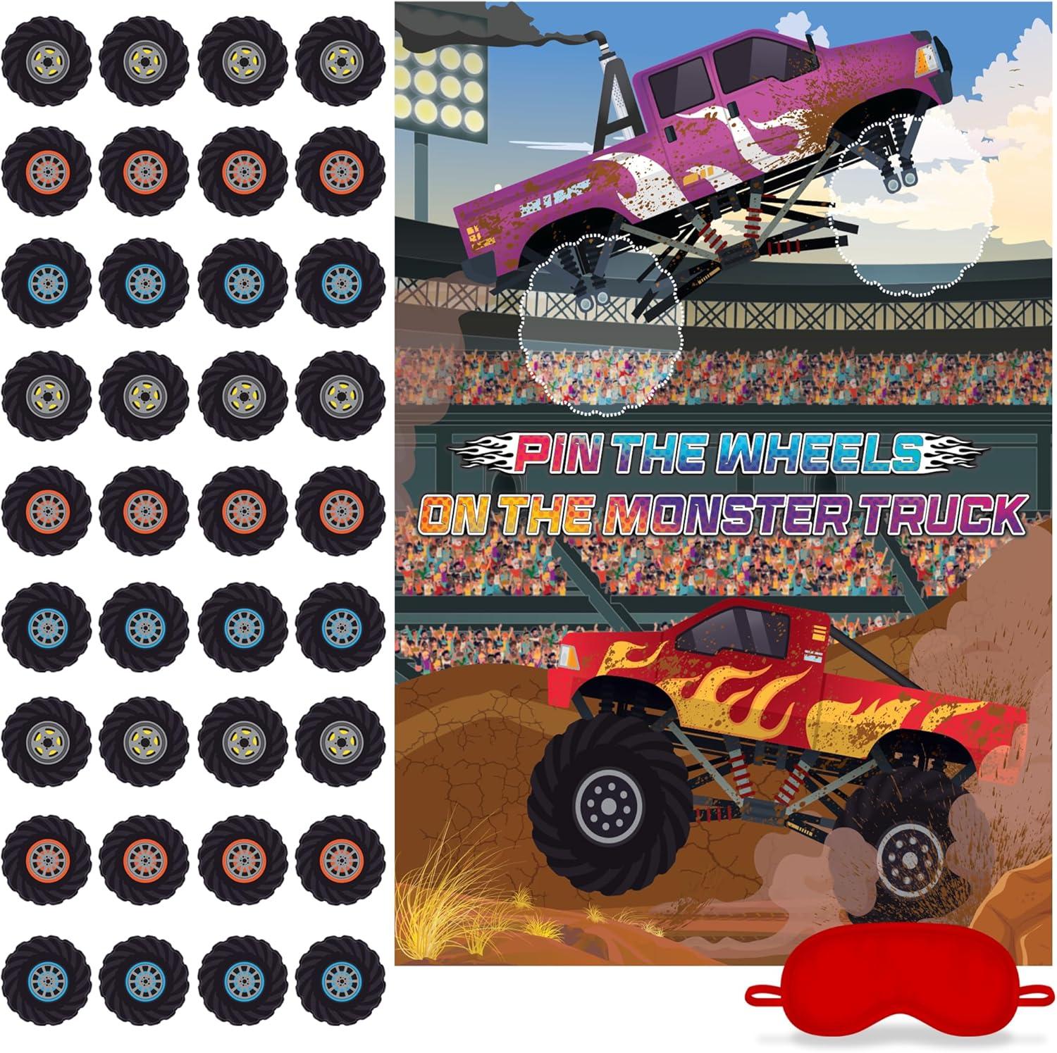imageArtCreativity Pin The Wheels on The Monster Truck Monster Truck Game for Kids with 1 Poster 36 Stickers ampamp 1 Blindfold Monster Truck Party Favors for Kids Ages 59 Monster Truck Favors for Boys