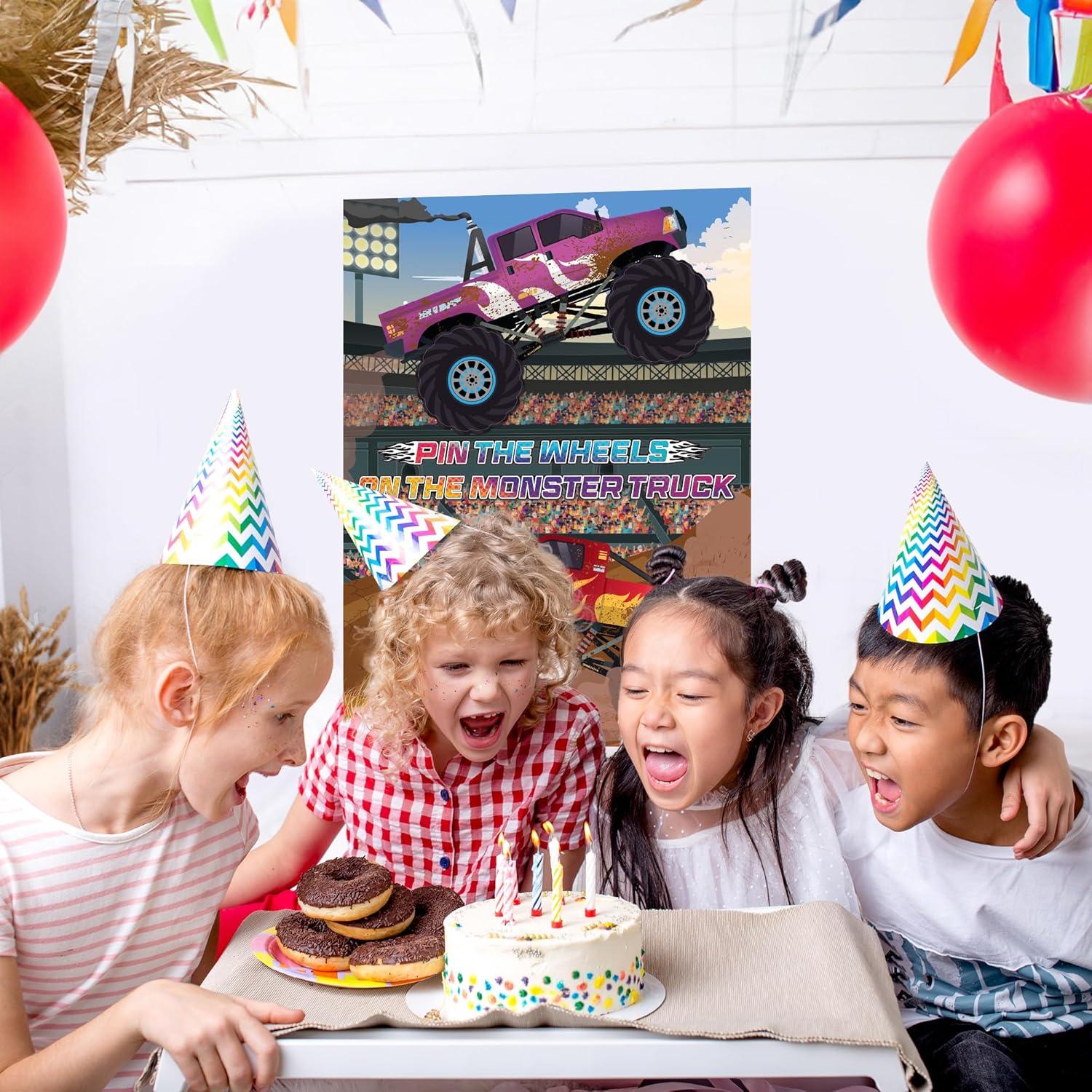 imageArtCreativity Pin The Wheels on The Monster Truck Monster Truck Game for Kids with 1 Poster 36 Stickers ampamp 1 Blindfold Monster Truck Party Favors for Kids Ages 59 Monster Truck Favors for Boys