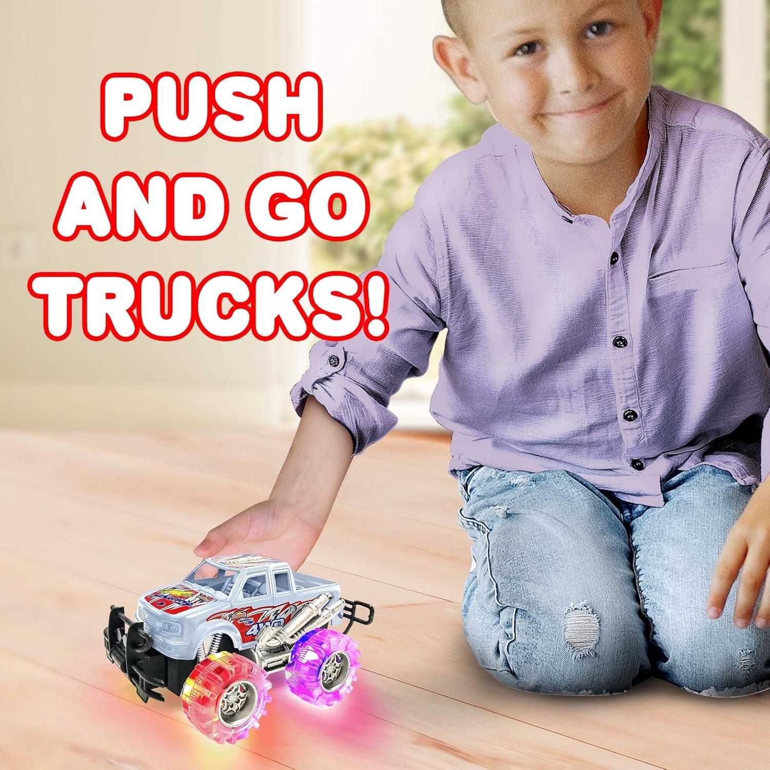 imageArtCreativity Pink and Green Light Up Monster Truck Set for Boys and Girls Set Includes 2 6 Inch Monster Trucks with Beautiful Flashing LED Tires Push n Go Toy Cars Best Gift for Kids for Ages 3Orange White