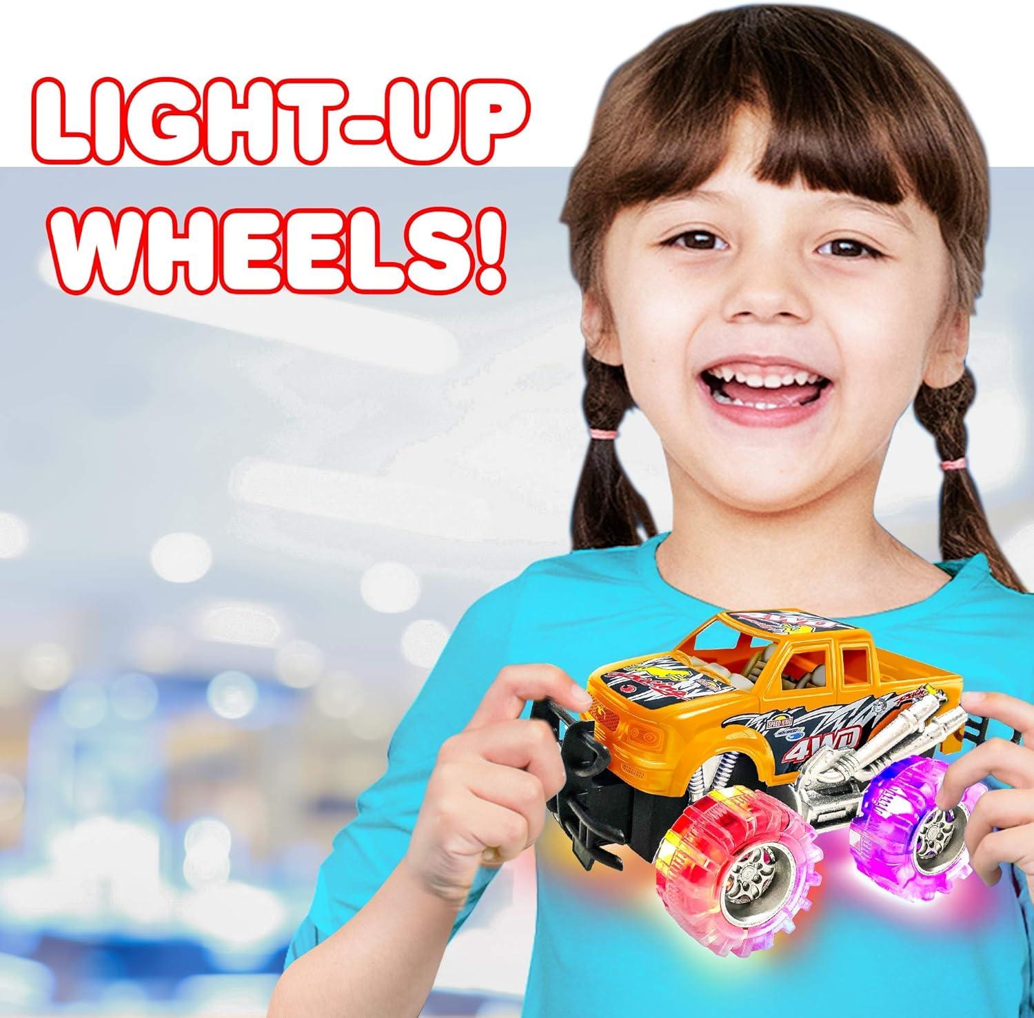 imageArtCreativity Pink and Green Light Up Monster Truck Set for Boys and Girls Set Includes 2 6 Inch Monster Trucks with Beautiful Flashing LED Tires Push n Go Toy Cars Best Gift for Kids for Ages 3Orange White