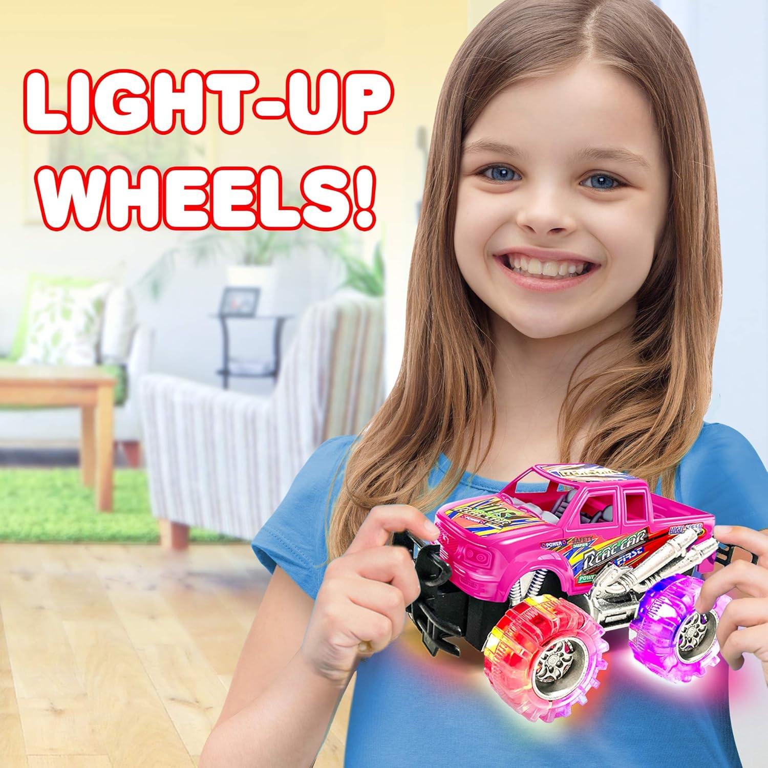 imageArtCreativity Pink and Green Light Up Monster Truck Set for Boys and Girls Set Includes 2 6 Inch Monster Trucks with Beautiful Flashing LED Tires Push n Go Toy Cars Best Gift for Kids for Ages 3Pink Green