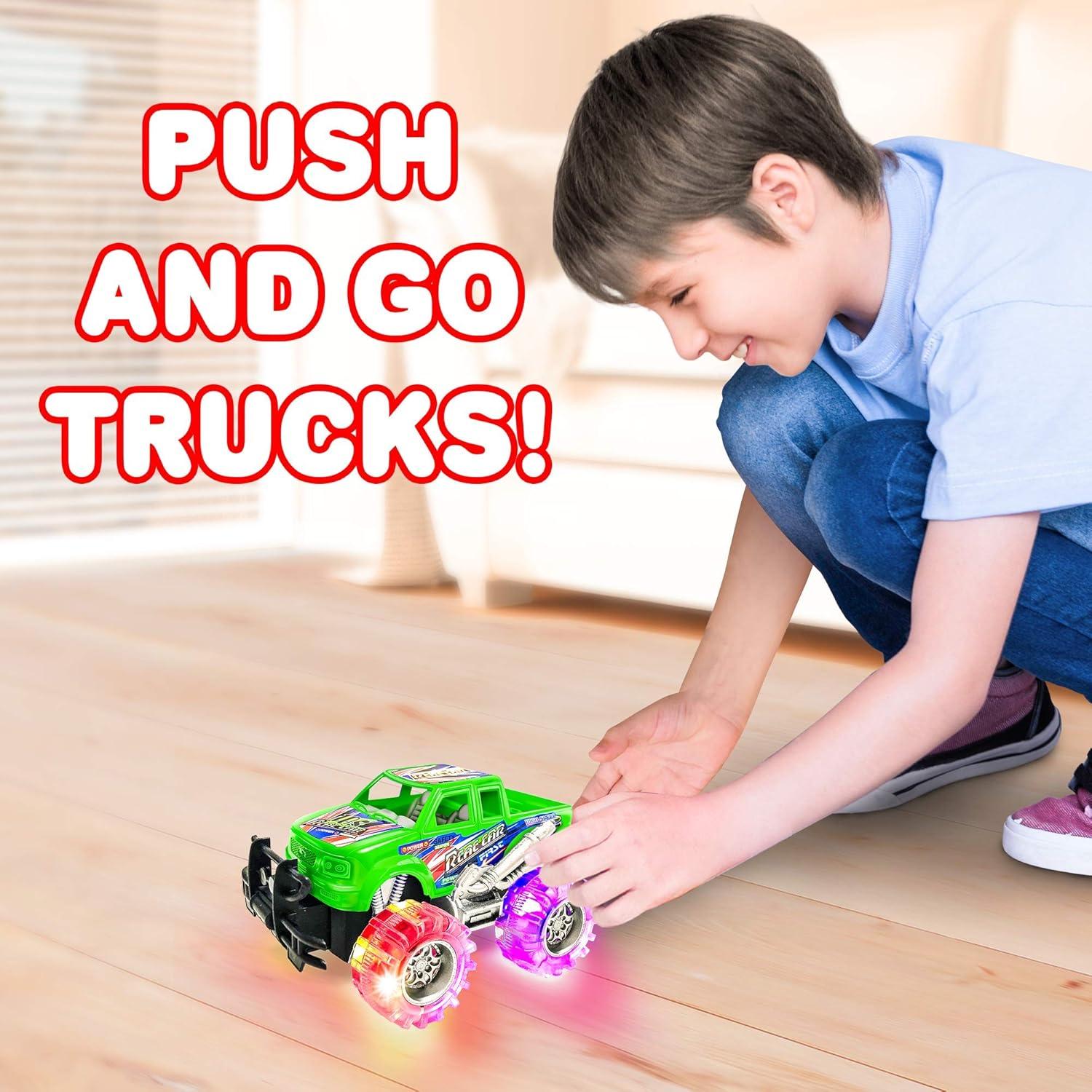 imageArtCreativity Pink and Green Light Up Monster Truck Set for Boys and Girls Set Includes 2 6 Inch Monster Trucks with Beautiful Flashing LED Tires Push n Go Toy Cars Best Gift for Kids for Ages 3Pink Green