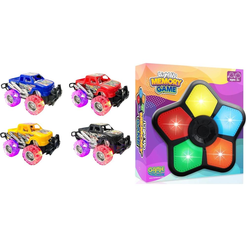 imageArtCreativity Light Up Monster Trucks for Boys and Girls 4Pack Toy Truck Set Electronic Memory Game with Lights and Sounds Handheld Memory Game for Kids MindSharpening Brain Games for Kids