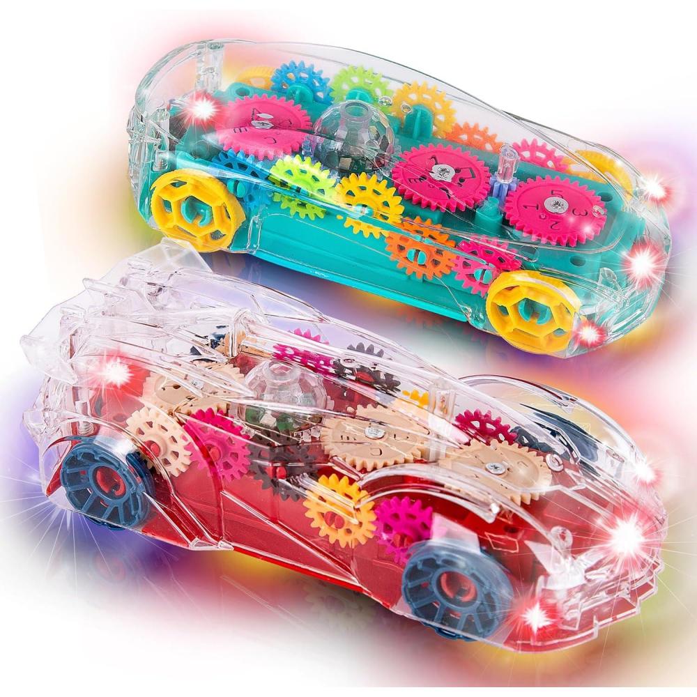 imageArtCreativity Light Up Transparent Toy Cars for Kids Set of 2 Bump and Go Toy Cars with Colorful Moving Gears Music and LED Effects Fun Educational Toy for Kids Great Birthday Gift Idea