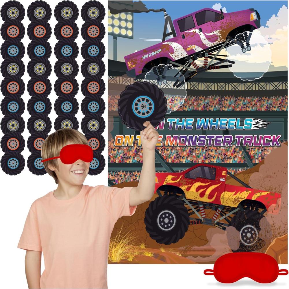 imageArtCreativity Pin The Wheels on The Monster Truck Monster Truck Game for Kids with 1 Poster 36 Stickers ampamp 1 Blindfold Monster Truck Party Favors for Kids Ages 59 Monster Truck Favors for Boys